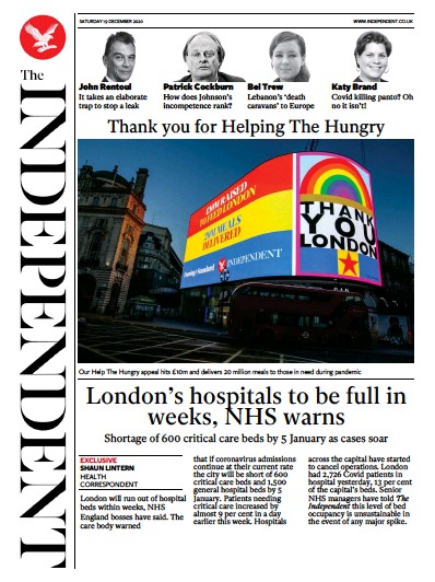 The Independent Newspaper Front Page (UK) for 19 December 2020