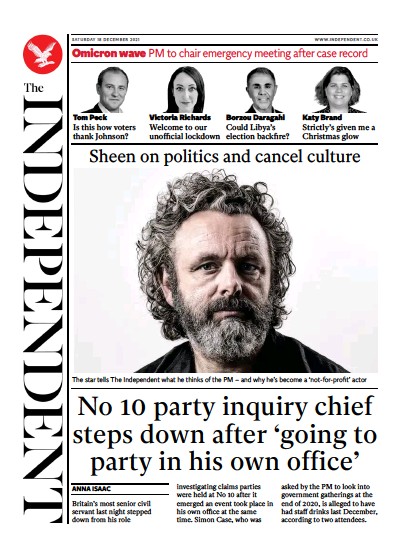 The Independent Newspaper Front Page (UK) for 19 December 2021