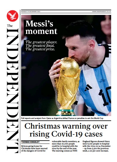 The Independent Newspaper Front Page (UK) for 19 December 2022