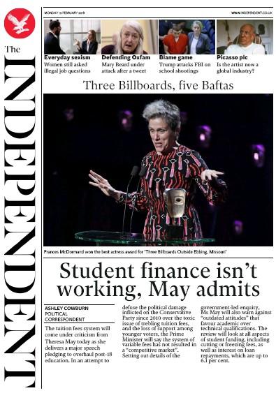 The Independent Newspaper Front Page (UK) for 19 February 2018