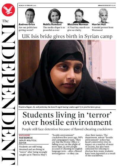 The Independent Newspaper Front Page (UK) for 19 February 2019