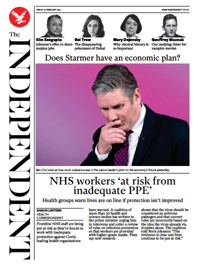 The Independent Newspaper Front Page (UK) for 19 February 2021