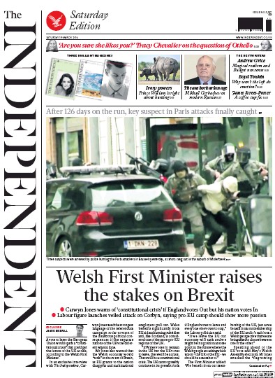 The Independent Newspaper Front Page (UK) for 19 March 2016