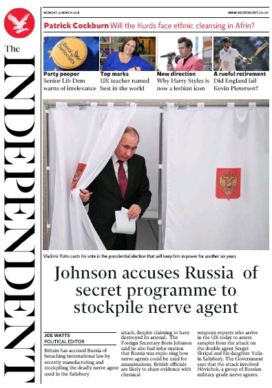 The Independent Newspaper Front Page (UK) for 19 March 2018