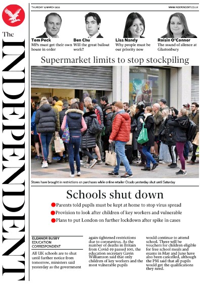 The Independent Newspaper Front Page (UK) for 19 March 2020