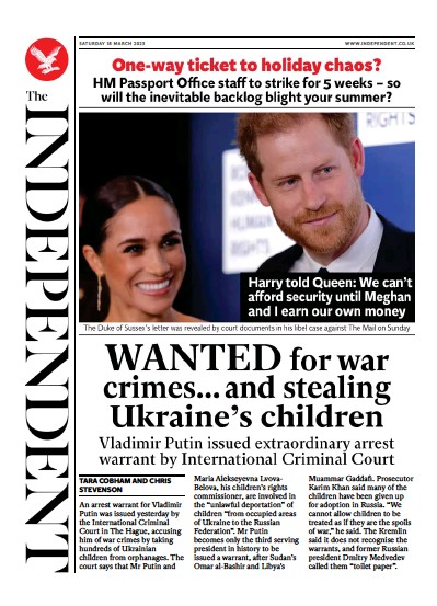 The Independent Newspaper Front Page (UK) for 19 March 2023