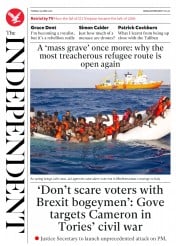 The Independent (UK) Newspaper Front Page for 19 April 2016