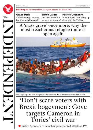 The Independent Newspaper Front Page (UK) for 19 April 2016