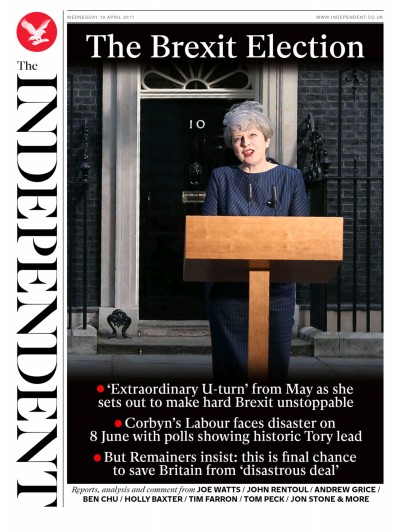 The Independent Newspaper Front Page (UK) for 19 April 2017