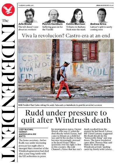 The Independent Newspaper Front Page (UK) for 19 April 2018