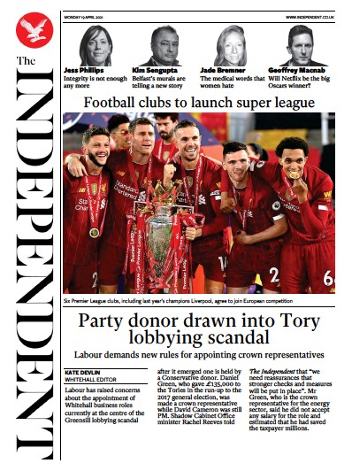 The Independent Newspaper Front Page (UK) for 19 April 2021