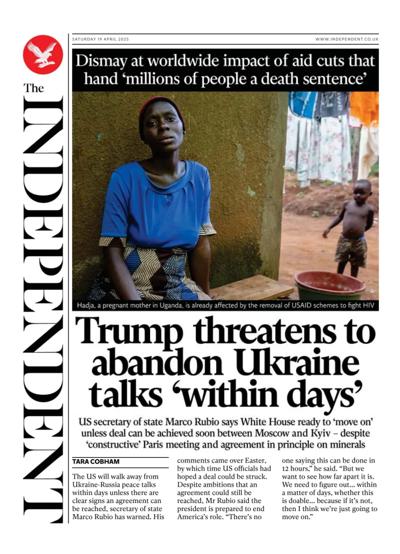 The Independent Newspaper Front Page (UK) for 19 April 2025