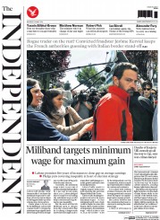 The Independent Newspaper Front Page (UK) for 19 May 2014