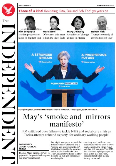 The Independent Newspaper Front Page (UK) for 19 May 2017