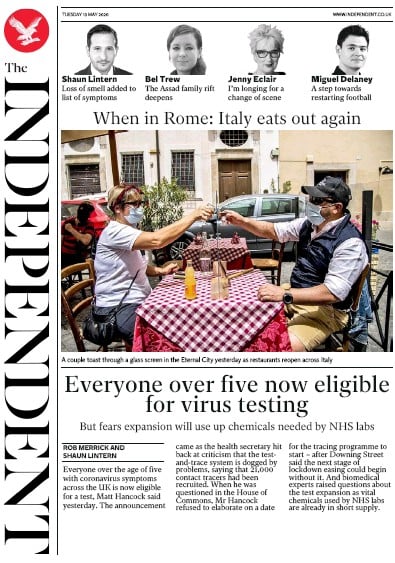The Independent Newspaper Front Page (UK) for 19 May 2020