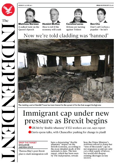 The Independent Newspaper Front Page (UK) for 19 June 2017