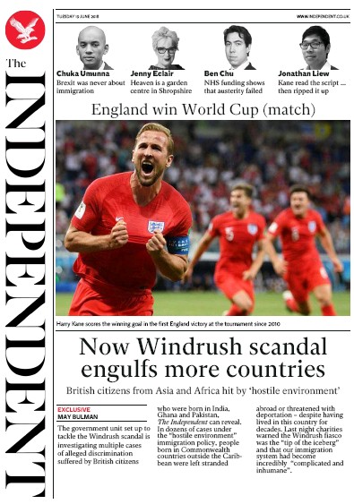 The Independent Newspaper Front Page (UK) for 19 June 2018