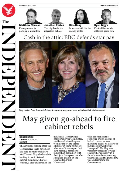 The Independent Newspaper Front Page (UK) for 19 July 2017