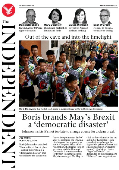 The Independent Newspaper Front Page (UK) for 19 July 2018