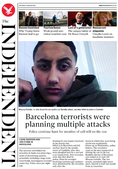 The Independent Newspaper Front Page (UK) for 19 August 2017