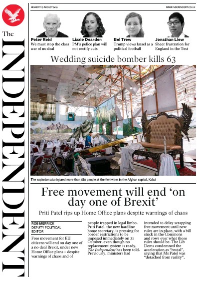 The Independent Newspaper Front Page (UK) for 19 August 2019