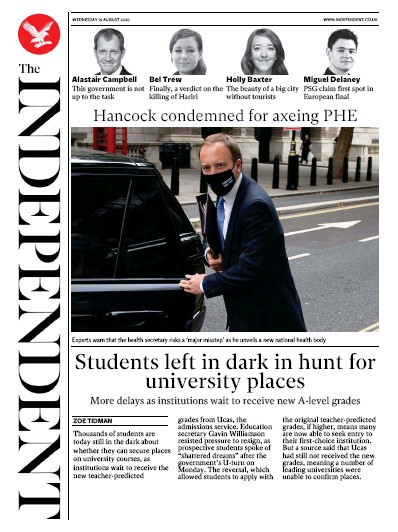 The Independent Newspaper Front Page (UK) for 19 August 2020