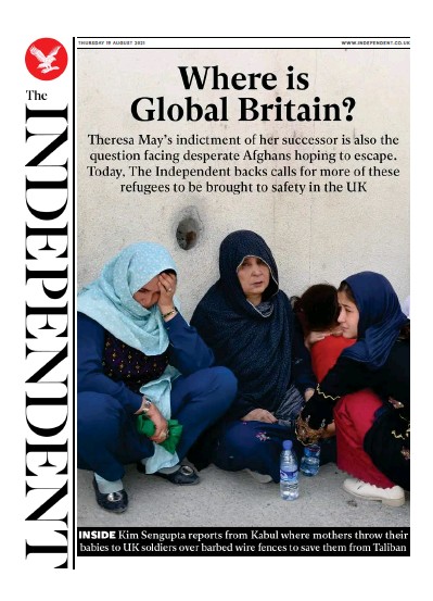 The Independent Newspaper Front Page (UK) for 19 August 2021