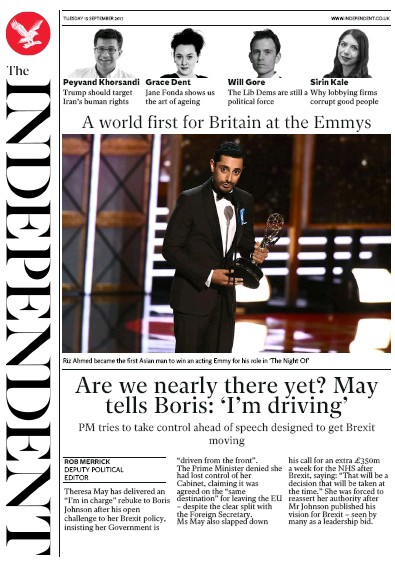 The Independent Newspaper Front Page (UK) for 19 September 2017