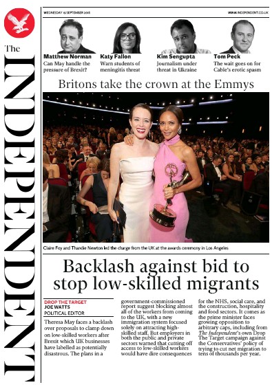 The Independent Newspaper Front Page (UK) for 19 September 2018
