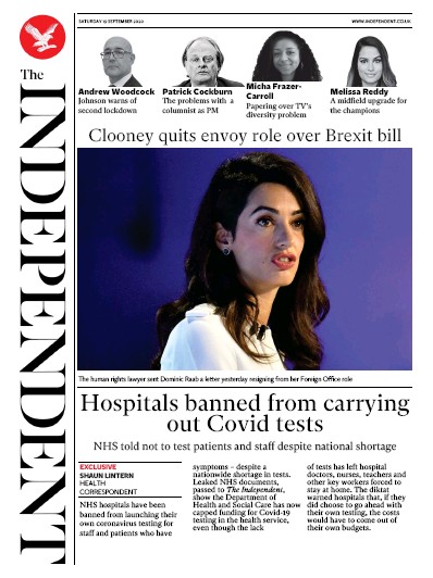 The Independent Newspaper Front Page (UK) for 19 September 2020