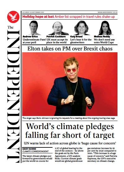 The Independent Newspaper Front Page (UK) for 19 September 2021