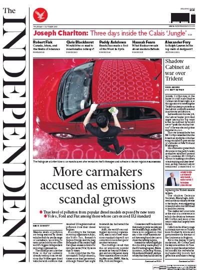 The Independent Newspaper Front Page (UK) for 1 October 2015