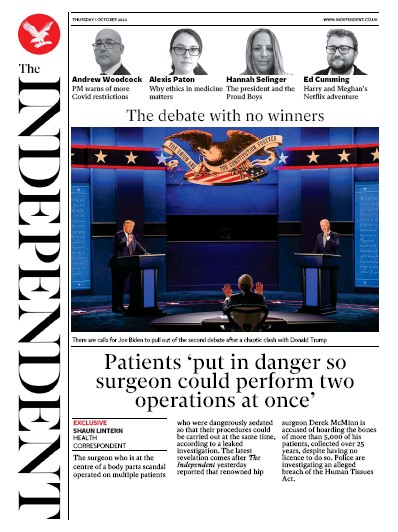 The Independent Newspaper Front Page (UK) for 1 October 2020