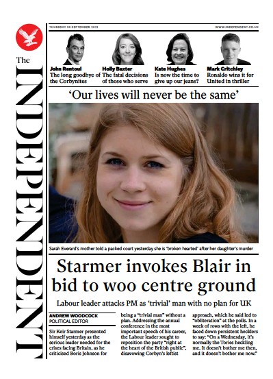 The Independent Newspaper Front Page (UK) for 1 October 2021