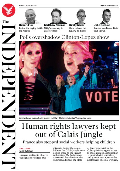 The Independent Newspaper Front Page (UK) for 1 November 2016