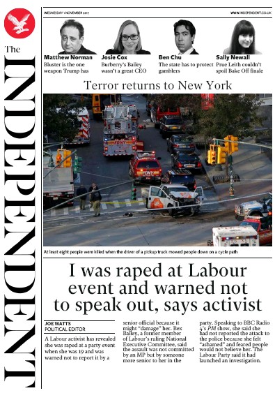 The Independent Newspaper Front Page (UK) for 1 November 2017