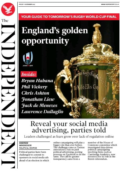 The Independent Newspaper Front Page (UK) for 1 November 2019