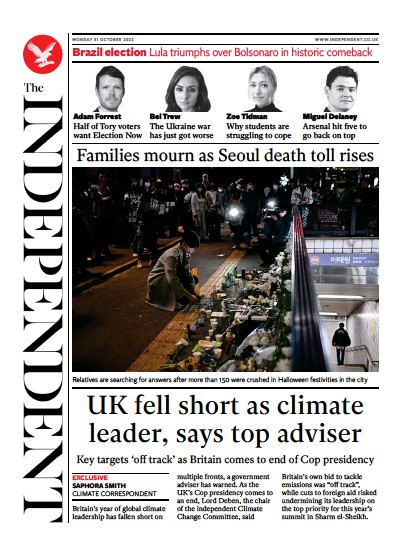The Independent Newspaper Front Page (UK) for 1 November 2022