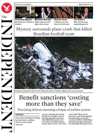 The Independent Newspaper Front Page (UK) for 1 December 2016