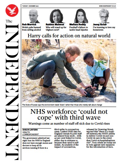 The Independent Newspaper Front Page (UK) for 1 December 2020