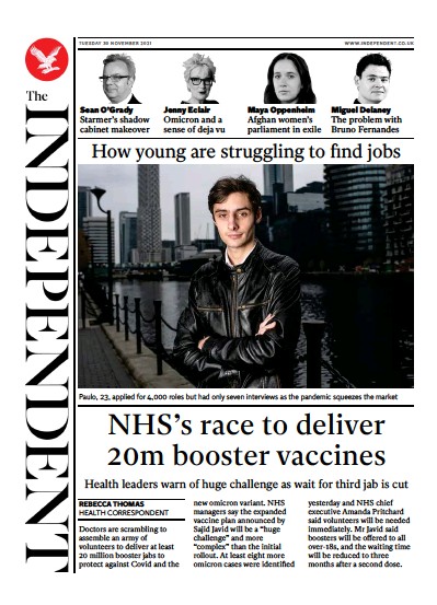 The Independent Newspaper Front Page (UK) for 1 December 2021