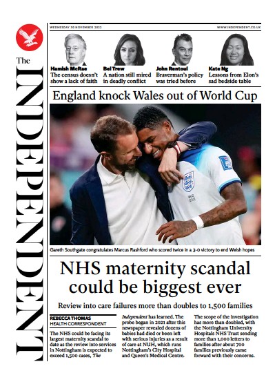 The Independent Newspaper Front Page (UK) for 1 December 2022