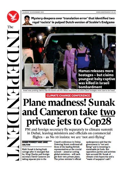 The Independent Newspaper Front Page (UK) for 1 December 2023
