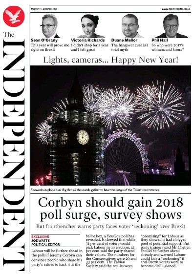 The Independent Newspaper Front Page (UK) for 1 January 2018