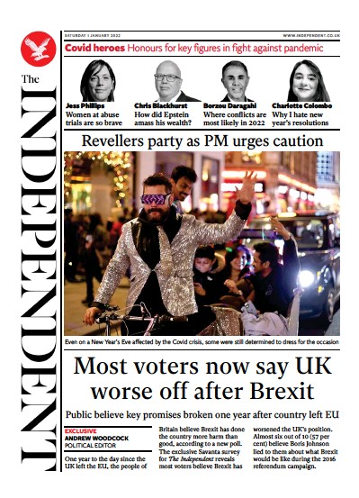 The Independent Newspaper Front Page (UK) for 1 January 2022