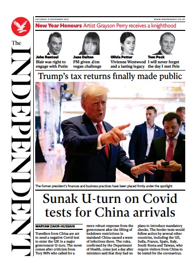 The Independent Newspaper Front Page (UK) for 1 January 2023