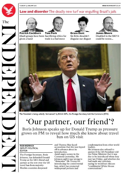 The Independent Newspaper Front Page (UK) for 1 February 2017
