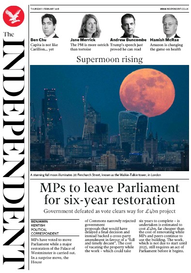 The Independent Newspaper Front Page (UK) for 1 February 2018