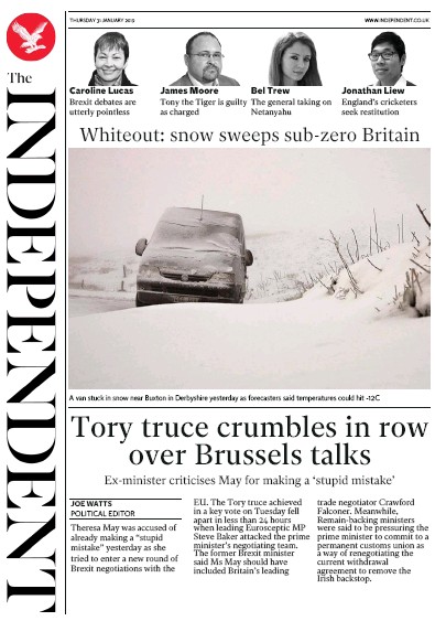 The Independent Newspaper Front Page (UK) for 1 February 2019