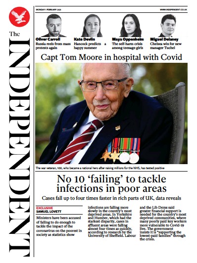 The Independent Newspaper Front Page (UK) for 1 February 2021